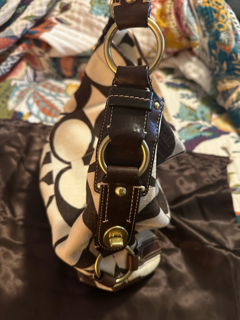 Vintage Coach Carly LARGE Beige and Brown Leather Trim Canvas Shoulder Bag Y2K - Picture 3 of 16